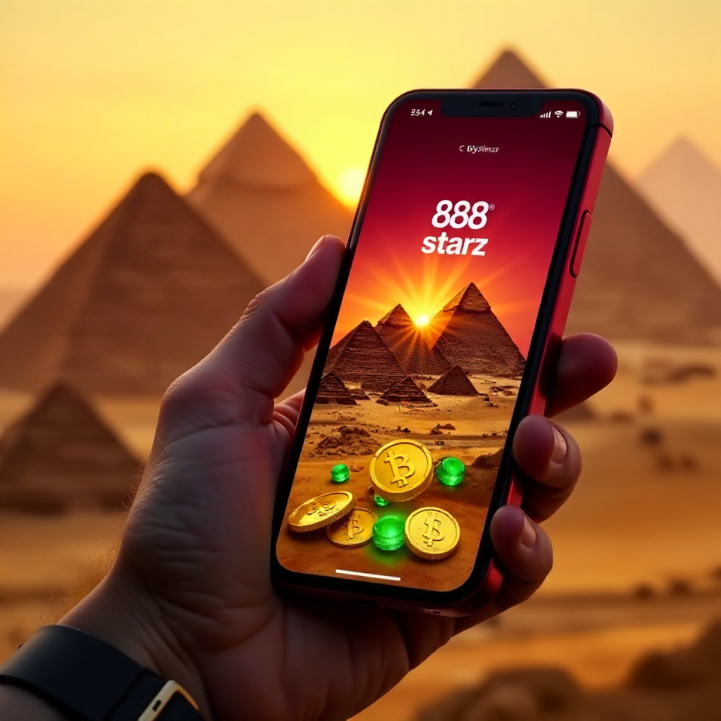 A hand holding a high-end smartphone displaying 888starz app, background featuring the Great Pyramids of Giza during a golden sunset, official red and white brand colors, 3D golden coins and emerald gems flying out of the screen, cinematic lighting, 8k.